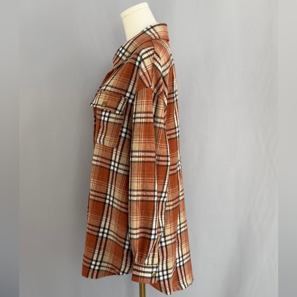 Rust & cream plaid flannel shacket. Cozy, classic, & perfect for layering - Picture 2 of 4